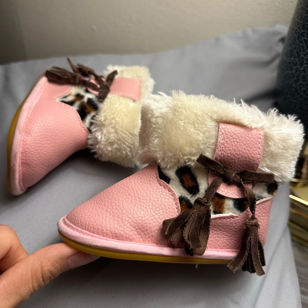 Amazon Pink and Cream Kids Boots with Leopard Print